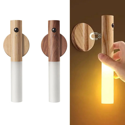 Creative Auto PIR Motion Sensor LED Rechargeable Magnetic Night Light – Wood Wall & Cabinet Lamp.